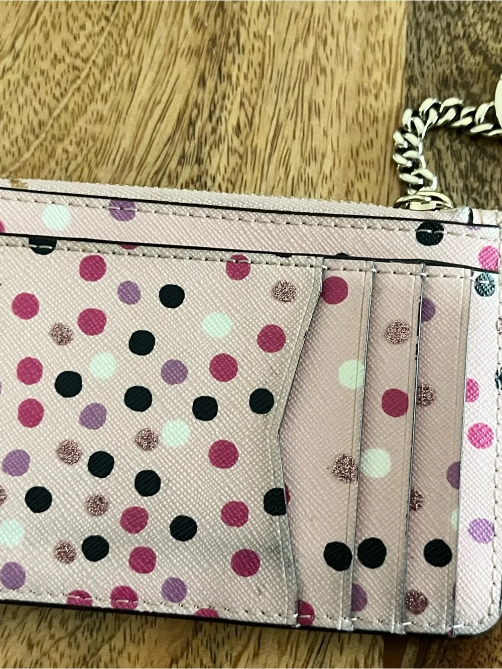 Kate Spade New York , Pink Polka Dot Keychain & Card Holder with Gold Logo